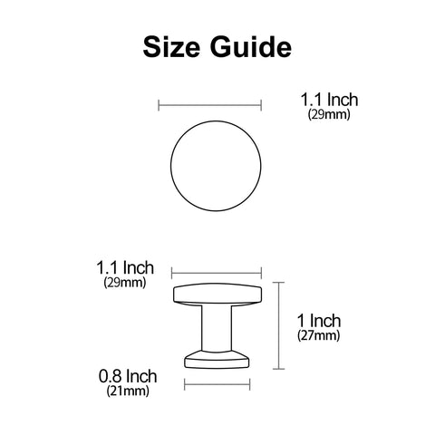 10 Pack Polished Chrome Cabinet Knobs 1.1 Inch Round Hardware size guide with measurements in inches and millimeters