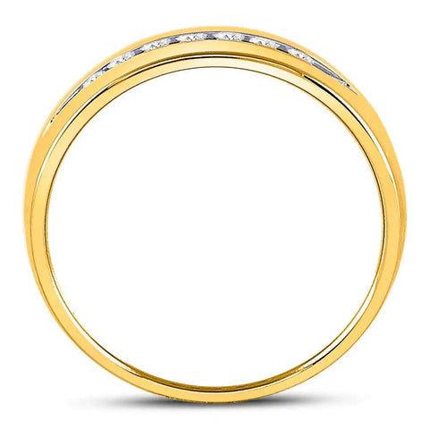 Timeless 14Kt Yellow Gold Men Wedding Ring Featuring Machine Set Round Diamonds In A Channel Setting Quarter Cttw solid dapper bridal band, polished finish.