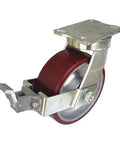 Heavy Duty Kingpinless Swivel Plate Caster With 2550 Lb Tough As Nails Load Rating And 8 Inch Non Marking Polyurethane Wheel Set On An Aluminum Core equipped with a reliable face brake.