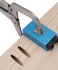 Pocket Hole Jig Kit With 15 Degree Slant Locator, Solid Aluminum Alloy Build being used for angled drilling on wood