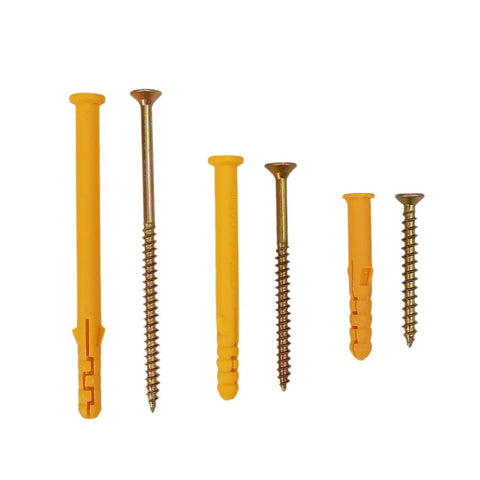 Built Like A Tank 50 Piece Concrete Drywall Anchor Set With Rock Solid Plastic Expansion Sleeves And Razor Sharp Self Tapping Flat Head Screws with yellow plugs and screws.