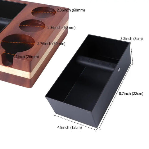 All In One Barista Grade Coffee Knock Box With 58mm Tamper, Distributor Holder, Portafilter Stand And Tamper Holder Station In Walnut Wood, Detachable Stainless Steel Knock Box