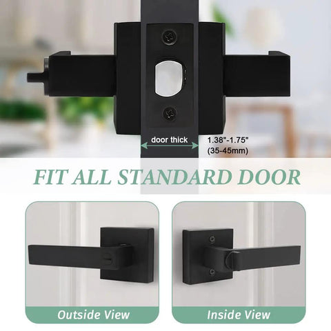 Matte Black Privacy Door Lever Lockset 5 Pack Keyless Interior Handle shown on standard door thickness.
