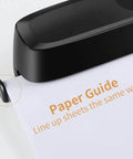 Electric 3 Hole Punch for Binders, 20 Sheet Capacity, close-up of paper guide on heavy duty puncher, AC or battery powered, office use