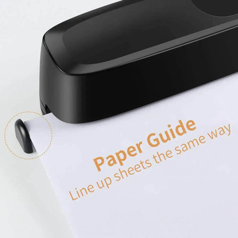 Electric 3 Hole Punch for Binders, 20 Sheet Capacity, close-up of paper guide on heavy duty puncher, AC or battery powered, office use