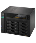 Heavy Duty Eight Bay Nas Built For Knockout Performance With Amd Ryzen Processor and Sixteen Gb Ecc Ddr5 Memory, sleek black chassis.