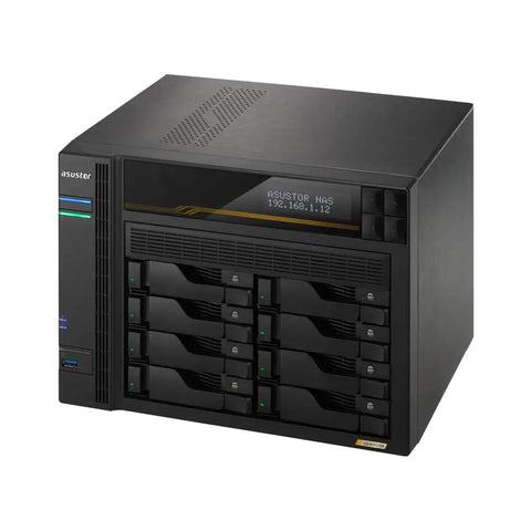 Heavy Duty Eight Bay Nas Built For Knockout Performance With Amd Ryzen Processor and Sixteen Gb Ecc Ddr5 Memory, sleek black chassis.