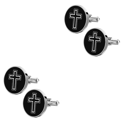 Cross Cufflinks For Men Stainless Steel 2 Pairs Decorative Shirt Fasteners Slick Metal Cross Buttons Black polished finish