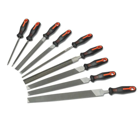 Ergonomic 9 Piece File Set With 6 Inch 8 Inch 10 Inch And 12 Inch Bastard And Tapered Files Multicolor Handles Pro Grade Metalworking Maintenance Tool Kit For Precision Shaping And Deburring