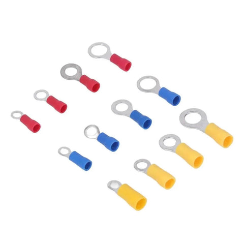 Get This Awesome 360 PCS Insulated Ring Terminals Kit With M4 M5 M6 And M8 Sizes For Cold Pressed Electrical Wire Cable Crimp Connectors That Fits 22 To 10 AWG Wiring Perfectly For Any Serious Car Or Home Electrical Gig. insulated ring terminals in red, blue, and yellow