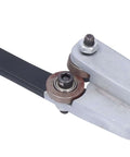 Close-up of dual round blades on hand pull cutter for metal sheets and cardboard, showing part of the effortless nibbler mechanism.
