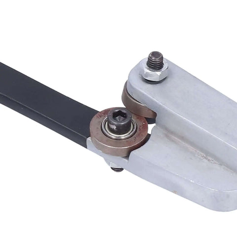 Close-up of dual round blades on hand pull cutter for metal sheets and cardboard, showing part of the effortless nibbler mechanism.