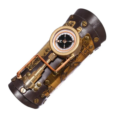 Dope Steampunk Arm Sleeve Crafted From Sturdy PU Leather With Antique Brass Gears And Built In Compass Gothic Wrist Guard for cosplay.