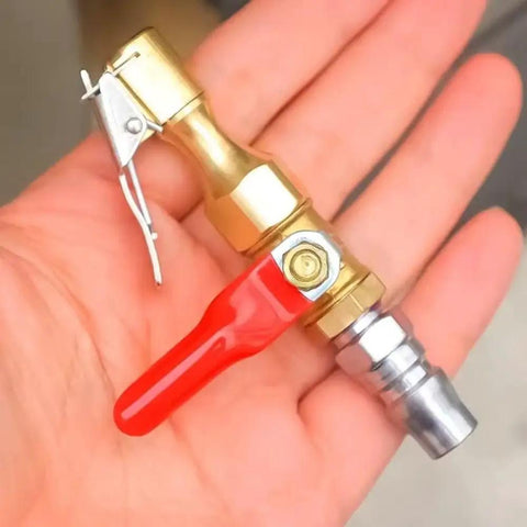 Straight Up Slick Lock On Tire Inflator Chuck Quick Release Valve in hand, heavy duty metal nozzle for easy tire maintenance.