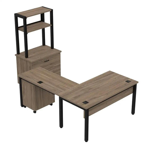 Built Tough Industrial L Shaped Desk Workstation Prime Executive Office Setup Featuring Ample Storage Drawers Smooth Rolling Pedestal And Smart Corner Shelving for a stylish modern workspace.