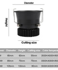 ELUKHT 4 Pack Led Downlight 3/4 Inch Round Recessed Lighting specifications chart with dimensions and cutting sizes.
