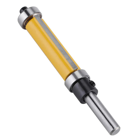 Heavy Duty 1 Inch 4 Flute Flush Trim Router Bit With Dual Bearings For Precise Template Trimming And Edge Profiling On Plywood And MDF Woodworking Projects, showcasing carbide blade and yellow heat coating.