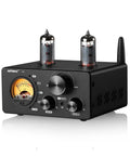 All In One 200W Bluetooth Tube Amplifier With Built In DAC And Preamp 2.0 2.1 Stereo Home Receiver For TV Computer Turntable And Phone Via USB Coax Optical RCA Warm Vacuum Tube Tone And Rich Sound, black metal front view with VU meter and tubes