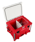 Open Beefy Milwaukee Packout 40Qt XL Cooler 3Pc Set With Impact Resistant Polymer Body in white and red showing interior compartments.