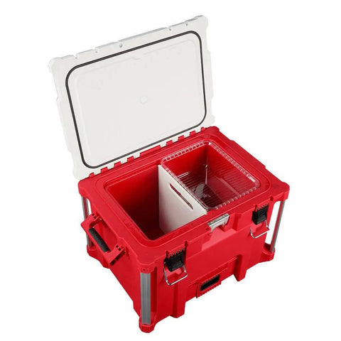 Open Beefy Milwaukee Packout 40Qt XL Cooler 3Pc Set With Impact Resistant Polymer Body in white and red showing interior compartments.