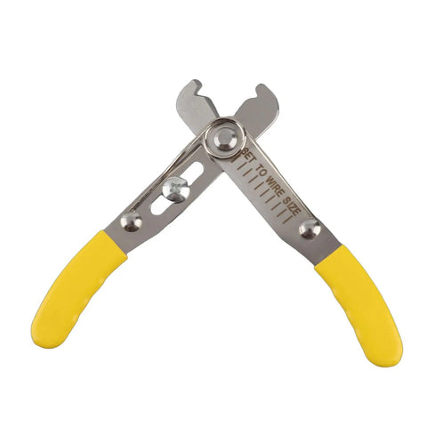 Rugged 5 Inch Wire Strippers And Adjustable Cutting Pliers With Cushioned Rubber Grip Handles Snips Through Cable Smooth As Butter, showing yellow rubber grips and stainless steel construction.