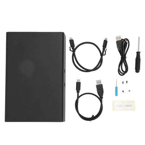 Heavy Duty 2 Bay Sata Raid Enclosure Supports 2.5 Inch Drives Via Usb 3.1 Type C Connection with cables, tools, and labels.