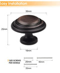 Oil Rubbed Bronze Cabinet Knob Set 5 Pack 1-3/8 Inch Round Knobs With 1 Inch Screws For Kitchen Cabinets Wardrobe Dressers Drawers And Closets Durable Finish Easy To Install Go-To Upgrade For Your Kitchen shown with dimensions and screw sizes