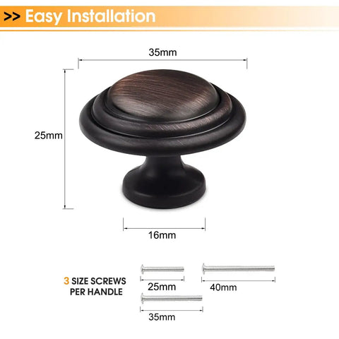 Oil Rubbed Bronze Cabinet Knob Set 5 Pack 1-3/8 Inch Round Knobs With 1 Inch Screws For Kitchen Cabinets Wardrobe Dressers Drawers And Closets Durable Finish Easy To Install Go-To Upgrade For Your Kitchen shown with dimensions and screw sizes