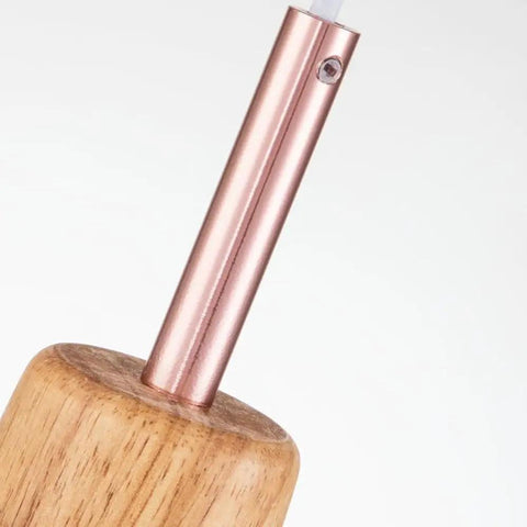 Close-up view of 11inch Wood Pendant Light showing wooden base and copper metal fixture for vintage ceiling lighting.