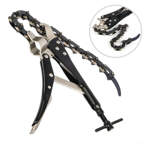 Heavy Duty Tailpipe Cutter Chain Plier For Exhaust Systems Carbon Steel Tool Built To Slice Copper Tubing And Steel Pipes Up To 90mm Fast And Clean Great For Auto Shops And DIY Muffler Projects. Chain plier cutting tool with black handles and adjustable clamp