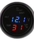 Front view of round black 3-in-1 car voltmeter with blue voltage readout and red temperature readout.