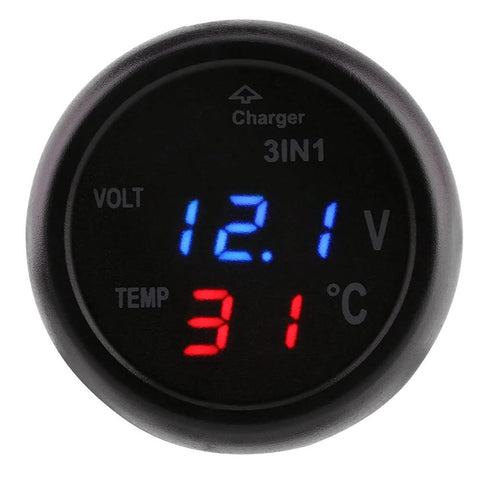 Front view of round black 3-in-1 car voltmeter with blue voltage readout and red temperature readout.
