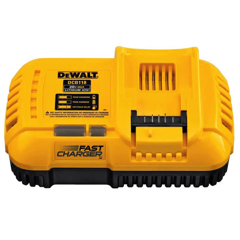 60V Max FlexVolt 9Ah Lithium Battery With Fast Charger 180Wh LED Charge Status Cold Weather Ready Down To 0F 75 Minute Quick Charge Beast Mode Fast Charger Included, yellow charger top view