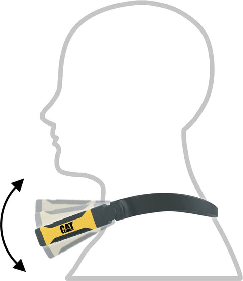 Illustration showing Hands Free 200 Lumen LED Neck Light for Work and Outdoors With 4 Modes Water Resistant Rugged Workhorse Design. Adjusting tilt.