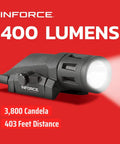 Gen 2 WML 400 Lumen Weapon Light With White Light And IR Illuminator Black Finish, shown with brightness of 3,800 candela