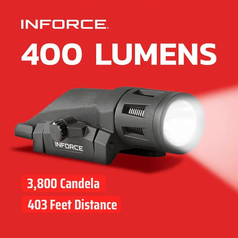 Gen 2 WML 400 Lumen Weapon Light With White Light And IR Illuminator Black Finish, shown with brightness of 3,800 candela