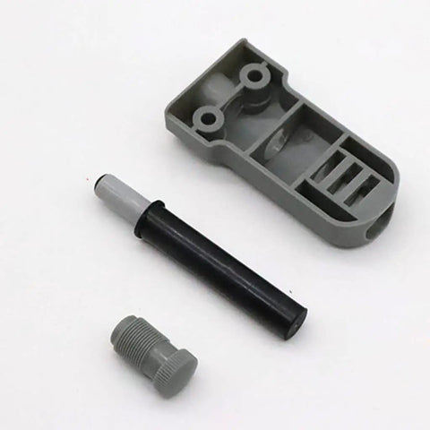 Silent Slam Free Cabinet Door Stoppers And Damper components including a gray housing, black rod, and gray cap for easy installation.