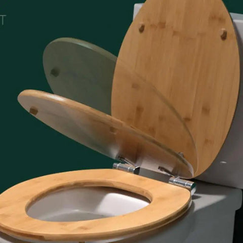 Top Shelf Thickened Toilet Seat With Quiet Drop Lid And Contoured Wooden Cushion For Chic Home Bathrooms No Sweat Setup Plus Heavy Duty Soft Close guarantees quiet operation with a bamboo finish.