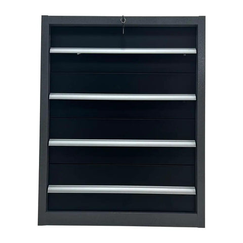 Front view of Heavy Duty Metal 4 Drawer Storage Cabinet for garage and workshop with no assembly required and tough steel construction.