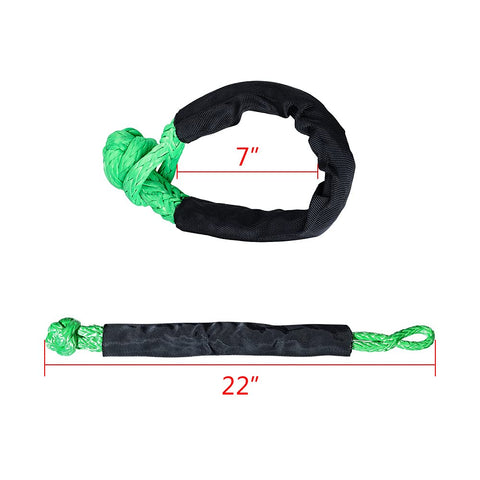 Four Pack One Half Inch Green Synthetic Soft Shackle Rope With Protective Sleeve and dimensions for off road recovery