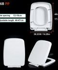 Heavy Duty Soft Close White Square Toilet Seat With Quick Release Hinges For Easy Cleaning Made From Stain Resistant Polypropylene. Dimensions shown.