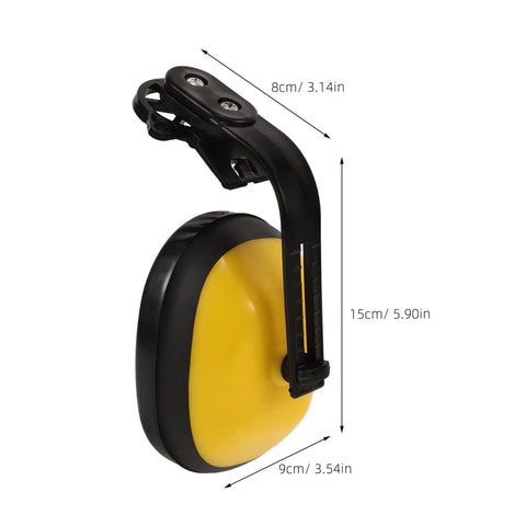Kickass Heavy Duty Construction Hard Hat With Integrated Noise Cancelling Ear Muffs For Industrial Work Sites And Adjustable Hearing Protection showing earmuff detail and measurements.