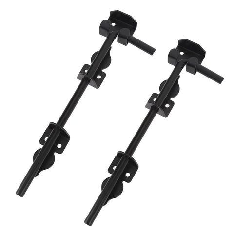 12 Inch Heavy Duty Carbon Steel Ground Drop Gate Latch With Rust Resistant Black Finish For Secure Double Yard Fence Doors, displayed in pairs.