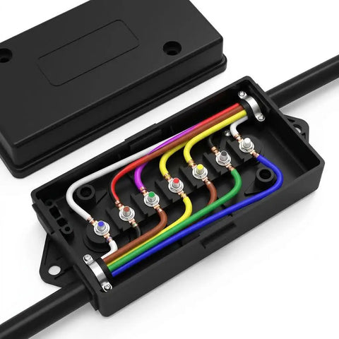 Top Shelf 7 Way Trailer Terminal Box With Color Coded Screw Terminals For Quick Wiring Hookup showing internal wiring and connections.