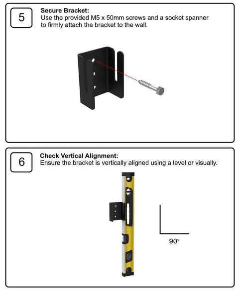 Installation guide for Tow Behind Wall Mount Bracket Kit for Lawn Care Attachments showing securing bracket and alignment.