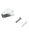 Front view of a three-piece metal actuator mounting kit: angled bracket with two holes, shoulder pin, and cotter pin
