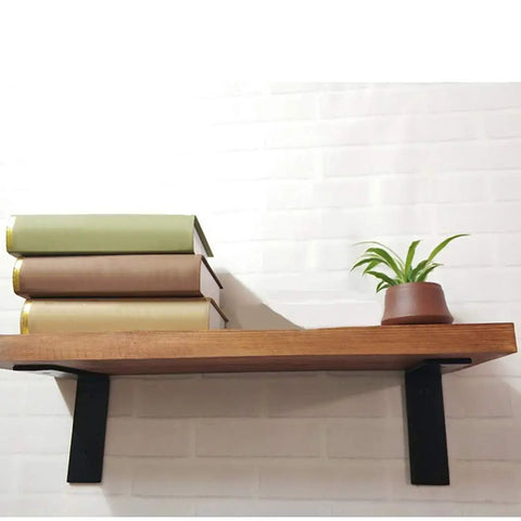 Hefty Hold Rock Solid L Shaped Wall Brackets For Corner Shelves 100 Kilogram Support holding wooden shelf with books and plant.