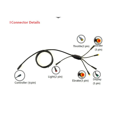 1 To 5 Pin Bike Electric Cable Kit For Controller Light Brake Display Throttle With Safe Wrapped Wires Upgraded E Bike Modification Accessory For DIY Builds showcasing cable connections and pin details.
