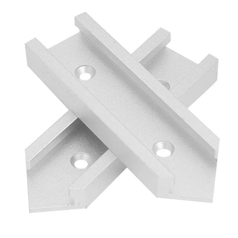 Heavy Duty 4 Pack Aluminum T Track Connectors For Router Table Miter Jig Slot Cross Points Plus Intersection Fixtures To Upgrade Your Woodworking Setup Today, close-up of two aluminum track connectors.