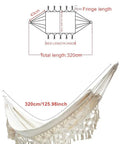Diagram and photo of Brazilian Double Hammock With Soft Cotton Canvas And Fringe, Built For Two, 60 Inch Bed Width.